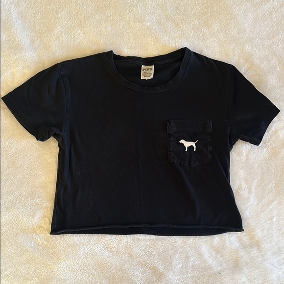 GUC Pre-loved PINK Black crop top T-Shirt with Pocket - Picture 2 of 6